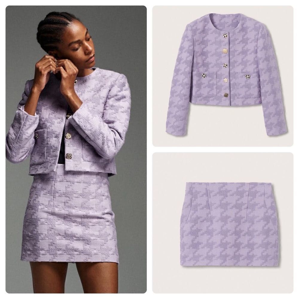 SET Mango Houndstooth Blazer Jacket Skirt Buttons Lilac New